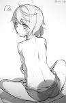  1girl :t absurdres ahoge back blush from_behind greyscale hair_ornament highres i-58_(kantai_collection) kantai_collection katoroku looking_at_viewer looking_back monochrome pout school_swimsuit short_hair solo swimsuit swimsuit_pull topless twisted_neck 