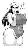  1girl bare_shoulders belly blush breasts fat glasses highres huge_breasts long_hair looking_at_viewer monochrome plump simple_background smile solo swim_cap synecdoche thick_thighs thighs white_background 