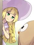  1girl bangs bare_arms bird blonde_hair blush braid closed_eyes dress eyebrows eyebrows_visible_through_hair green_eyes hat highres lillie_(pokemon) long_hair looking_at_another owl peeking_out pokemon pokemon_(creature) pokemon_(game) pokemon_sm rowlet sun_hat twin_braids wavy_mouth white_dress white_hat wse 