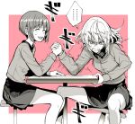  ... 2girls arm_wrestling bonkara_(sokuseki_maou) clenched_teeth closed_eyes commentary_request girls_und_panzer grimace hand_on_table hands_clasped holding itsumi_erika legs_apart military military_uniform multiple_girls nishizumi_miho open_mouth short_hair sitting sketch smile spoken_ellipsis stool sweatdrop table teeth trembling uniform 
