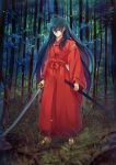  1boy barefoot black_hair blue_eyes forest grass highres inuyasha inuyasha_(character) japanese_clothes jewelry katana long_hair motobi_(mtb_umk) nature necklace sheath solo sword weapon 