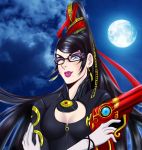  1girl bayonetta bayonetta_(character) black_hair blue_eyes breasts cleavage cleavage_cutout clouds earrings emptycicada full_moon glasses gloves gun highres jewelry lipstick long_hair makeup mascara mole mole_under_mouth moon night night_sky one_eye_closed pink_lipstick sky solo upper_body weapon white_gloves 