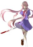  1girl absurdly_long_hair absurdres arms_behind_back blood blood_on_face bloody_clothes bloody_weapon gasai_yuno hair_over_one_eye hangyifan97 highres loafers long_hair mirai_nikki pink_eyes pink_hair school_uniform shoes smile solo sword teeth very_long_hair weapon white_background wind wind_lift yandere 
