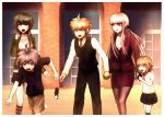  2boys ahoge black_hair braid child dangan_ronpa dangan_ronpa_3 gloves green_eyes hair_ribbon highres holding_hands if_they_mated kirigiri_kyouko long_hair multiple_boys multiple_girls naegi_komaru naegi_makoto official_style pantyhose purple_hair ribbon short_hair skirt violet_eyes 