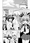  3girls anchovy cape carpaccio comic fidgeting girls_und_panzer ken_(haresaku) military military_uniform monochrome multiple_girls necktie pepperoni_(girls_und_panzer) pleated_skirt skirt twintails uniform 