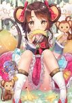  1girl ass banana brown_eyes brown_hair clouds eating food frilled_skirt frills fruit fur_trim hair_ribbon looking_at_viewer mole mole_under_eye monkey monkey_ears monkey_tail new_year ribbon short_hair sita_vilosa sitting skirt sword_girls xlavhzhr04 