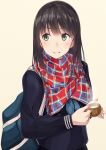  1girl bag bangs black_hair commentary cup green_eyes hiwatari_rin long_sleeves looking_to_the_side neckerchief original parted_lips plaid plaid_scarf scarf school_bag school_uniform serafuku simple_background solo steam tan_background teacup upper_body 