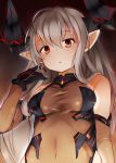  1girl :o bangs bare_shoulders black_gloves bobu_(bovyo222) borrowed_character breasts colo_mag-chan covered_navel detached_sleeves doraf eyebrows eyebrows_visible_through_hair gloves granblue_fantasy hair_between_eyes hand_in_hair highres leotard long_hair long_sleeves medium_breasts open_mouth original pointy_ears red_eyes silver_hair solo taut_clothes taut_leotard upper_body white_hair 
