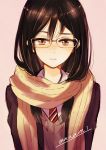  1girl artist_name bangs black_hair blush brown_eyes copyright_request freckles frown glasses long_hair long_sleeves looking_down necktie scarf school_uniform shirt signature simple_background solo sugano_manami sweater upper_body white_shirt 