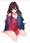  1girl arm_support barefoot blue_eyes blush breasts brown_hair cleavage full_body homua ichinose_shiki idolmaster idolmaster_cinderella_girls jacket_on_shoulders long_hair looking_at_viewer off_shoulder simple_background sitting smile solo sweater wariza white_background 