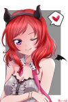  1girl ;p bare_shoulders bat_ears blush bracelet breasts cleavage fake_horns hairband heart highres horns jewelry looking_at_viewer love_live! love_live!_school_idol_project nishikino_maki one_eye_closed redhead rinnnnnnnnnko30 short_hair smile solo tongue tongue_out violet_eyes 