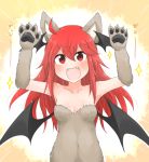  &gt;:d 1girl :d animal_costume animal_ears arms_up bare_shoulders bat_wings blush breasts claws cleavage collarbone commentary_request dog_costume dog_ears elbow_gloves fangs gloves head_wings koakuma long_hair looking_at_viewer low_wings nobamo_pieruda open_mouth red_eyes redhead sidelocks simple_background smile solo sparkle touhou translation_request wings yellow_background 