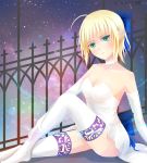  1girl :| ahoge blonde_hair blush breasts cleavage elbow_gloves fate/stay_night fate_(series) gloves green_eyes night night_sky saber sky solo thigh-highs thighs white_gloves white_legwear 