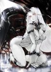  1girl adapted_costume breasts claws cleavage commentary_request highres horn kantai_collection large_breasts leotard long_hair looking_at_viewer mittens pale_skin red_eyes seaport_hime shinkaisei-kan solo very_long_hair white_hair white_skin wuqi 