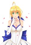  1girl absurdres ahoge breasts cleavage elbow_gloves fate/stay_night fate_(series) finger_to_mouth gloves green_eyes highres ice_spirit_tarot large_breasts petals saber solo white_background 