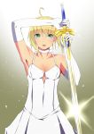  1girl ahoge armpits blonde_hair breasts cleavage dress elbow_gloves excalibur fate/stay_night fate_(series) gloves gradient gradient_background green_eyes highres open_mouth saber short_hair solo sword weapon white_background white_dress xeno 