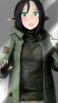  1girl against_glass black_hair black_sweater blush commentary_request domo-kun elf green_eyes grey_background highres looking_at_viewer military_jacket open_mouth original pointy_ears ribbed_sweater sate shoulder_patches sleeves_past_wrists solo sweater 
