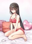  1girl 2016 bad_feet bare_arms bare_legs bed bed_sheet between_legs black_hair blush bra breasts cushion dated from_side gurifu hair_between_eyes hair_ornament hairclip hand_between_legs haruna_(kantai_collection) kantai_collection long_hair looking_at_viewer medium_breasts midriff red_bra signature sitting solo toes underwear underwear_only yellow_eyes 