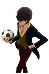  1boy ball belt brown_eyes brown_hair collarbone comiccho hair_over_one_eye hand_in_pocket highres holding_ball ingram_(soccer_spirits) looking_at_viewer official_art soccer_ball soccer_spirits solo standing tagme transparent_background watch watch 