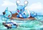  blue_sky brionne closed_eyes dewott looking_at_another no_humans open_mouth outdoors pink_(4chan) pokemon sky smile water 