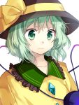  1girl black_hat bow commentary_request crying crying_with_eyes_open eyebrows eyebrows_visible_through_hair green_eyes green_hair hair_between_eyes hat hat_bow hat_ribbon komeiji_koishi matryoshka_(borscht) ribbon shirt short_hair simple_background solo tears third_eye touhou upper_body white_background yellow_bow yellow_ribbon yellow_shirt 