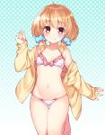  1girl barefoot bikini brown_eyes brown_hair cardigan flat_chest groin lowleg lowleg_bikini navel off_shoulder original outstretched_arms polka_dot polka_dot_bikini scrunchie short_hair shouni_(sato3) smile solo standing standing_on_one_leg swimsuit thigh_gap twintails 