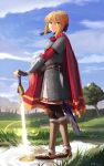 ahoge artist_name avalon_(fate/stay_night) belt blonde_hair blue_sky cape chain_mail clouds dagger dated fate/stay_night fate_(series) grass green_eyes headwear_removed helmet helmet_removed highres looking_at_viewer pantyhose planted_weapon saber sky sword tree weapon yip 