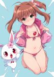  1girl barefoot bikini blush breasts brown_hair eyebrows eyebrows_visible_through_hair front-tie_top full_body green_eyes hair_intakes highres inari_(kimitama0902yahoocojp) jacket jewelpet_(series) jewelpet_twinkle jewelry micro_bikini navel necklace nose_blush open_clothes open_jacket ruby_(jewelpet) sakura_akari side-tie_bikini side_ponytail small_breasts swimsuit tears wavy_mouth 