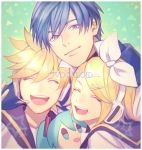  1girl 2boys ascot blue_eyes blue_hair bow character_doll closed_eyes copyright_request hair_bow hatsune_miku headset hr_jam kagamine_len kagamine_rin kaito looking_at_viewer multiple_boys smile upper_body vocaloid watermark 