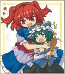  2girls :d :o fang green_eyes green_hair hair_bobbles hair_ornament hat heart height_difference hug hug_from_behind long_hair multiple_girls onozuka_komachi open_mouth red_eyes redhead shiki_eiki shikishi smile touhou two_side_up yagami_(mukage) 