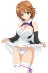  1girl apron artist_request ass_visible_through_thighs bow bow_panties breasts brown_hair character_request cleavage cleavage_cutout copyright_request cosplay cowboy_shot detached_sleeves dream_c_club genderswap genderswap_(mtf) highres large_breasts looking_at_viewer maid maid_apron panties ribbon-trimmed_legwear ribbon_trim short_hair simple_background skirt skirt_lift solo thigh-highs to_love-ru underwear white_background white_legwear white_panties yellow_eyes yuuki_rito yuusaki_riko 
