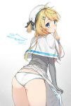  1girl ahoge artist_name ass blonde_hair blue_eyes blush character_request copyright_request cross_hair_ornament dated hair_ornament hat highres long_hair looking_back panties solo tokki underwear white_background 