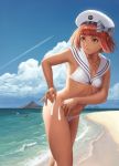  3: 3girls auburn_hair backlighting bangs beach bikini blue_sky blunt_bangs bow breasts brown_eyes character_name closed_mouth clothes_writing clouds collarbone condensation_trail day eyelashes fingernails hair_bow hat highres holding kantai_collection leaning_forward looking_at_viewer looking_away looking_back mountain multiple_girls navel ocean outdoors ribs ro-500_(kantai_collection) sailor_bikini sailor_hat shade shinkaisei-kan short_hair sky small_breasts solo_focus standing stomach striped striped_bow swimsuit tying u-511_(kantai_collection) untied untied_bikini white_bikini yamaneko_(tkdrumsco) z3_max_schultz_(kantai_collection) 
