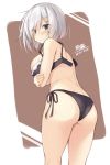  1girl 2016 ass black_bra black_panties blue_eyes blush bra breast_hold breasts dated exe_(xe) eyes_visible_through_hair hair_ornament hair_over_one_eye hairclip hamakaze_(kantai_collection) kantai_collection large_breasts looking_at_viewer looking_back panties short_hair side-tie_panties signature silver_hair solo underwear undone_bra 