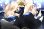  &gt;:&lt; absurdres ahoge artist_request blonde_hair breasts cleavage closed_mouth fate/stay_night fate_(series) glaring highres juliet_sleeves long_sleeves puffy_sleeves saber yellow_eyes 