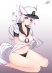  1girl 2016 absurdres animal_ears bil-ajeossi black_panties blush breast_hold breasts character_request cleavage collarbone commentary_request copyright_request dated full_body gradient gradient_background grey_background hat heart highres large_breasts long_hair looking_at_viewer navel neckerchief no_pants panties peaked_cap red_eyes sailor_collar shirt shirt_lift short_sleeves signature sitting solo sparkle tail underwear very_long_hair wariza white_hair white_shirt 