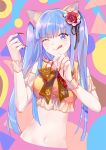  1girl ;q animal_ears augetsix blue_eyes blue_hair bow cat_ears fingernails flower furudo_erika hair_flower hair_ornament heart long_fingernails midriff nail_polish navel one_eye_closed paw_print red_nails rose solo tongue tongue_out twintails umineko_no_naku_koro_ni whisker_markings 