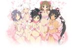  5girls :d :q asuka_(senran_kagura) bare_legs bikini black_hair bow breasts brown_eyes brown_hair casual_one-piece_swimsuit character_request cherry_blossoms choker cleavage collarbone criss-cross_halter double_bun earrings flower flower_earrings frilled_bikini frills glasses green_eyes hair_bow hair_flower hair_ornament hair_ribbon halter_top halterneck highres homura_(senran_kagura) jewelry long_hair multiple_girls navel necklace official_art one-piece_swimsuit open_mouth pink_bikini pink_eyes ponytail ribbon sandals scarf senran_kagura_(series) short_hair smile standing standing_on_one_leg swimsuit tan tanline tantou tongue tongue_out very_long_hair white_hair wristband yaegashi_nan yellow_eyes yumi_(senran_kagura) 