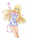  1girl blonde_hair blue_eyes choker collet_brunel dress gymnastics_ribbon highres holding long_hair miniskirt official_art ribbon simple_background skirt smile solo tales_of_(series) tales_of_symphonia white_background 