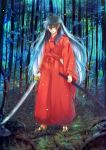  1boy barefoot black_hair fang forest grass highres inuyasha inuyasha_(character) japanese_clothes jewelry katana long_hair motobi_(mtb_umk) multicolored_hair nature necklace pointy_ears sheath smirk solo sword two-tone_hair weapon white_hair yellow_eyes 