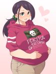  1girl black_hair breasts clothes_writing green_eyes hands_on_own_stomach heart highres hood hood_down hoodie idolmaster idolmaster_cinderella_girls large_breasts long_hair pants ponytail pregnant smile solo ushi yamato_aki 