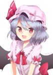  1girl :d bat_wings blue_hair bow fang frilled_shirt frills hair_between_eyes hat hat_ribbon looking_at_viewer minomushi_(mino_kkgt) mob_cap open_mouth pink_hat pink_shirt puffy_short_sleeves puffy_sleeves red_bow red_eyes red_ribbon remilia_scarlet ribbon ribbon-trimmed_headwear ribbon_trim shirt short_hair short_sleeves simple_background smile solo touhou twitter_username upper_body white_background wings 