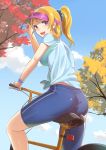  1girl :d absurdres ass autumn_leaves ayase_eli bicycle bike_shorts blonde_hair blue_eyes blue_shirt breasts from_behind ground_vehicle highres kitazawa_(embers) large_breasts looking_back love_live! love_live!_school_idol_project open_mouth ponytail riding scrunchie shirt smile solo t-shirt tied_shirt visor_cap wristband 