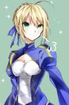  1girl =3 ahoge blonde_hair breasts cleavage cowboy_shot fate/grand_order fate/stay_night fate_(series) green_background green_eyes saber sketch small_breasts solo 
