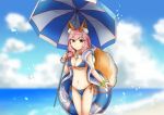  1girl animal_ears bikini blue_bikini blush bracelet breasts cleavage clouds day fate/extra fate/grand_order fate_(series) fox_ears fox_tail groin innertube jewelry large_breasts looking_at_viewer navel ocean one_eye_closed outdoors parasol pink_hair saito_(chimuyuki) sky solo standing swimsuit tail tamamo_(fate)_(all) tamamo_no_mae_(swimsuit_lancer)_(fate) umbrella water yellow_eyes 