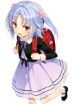  1girl bag blue_hair dress hair_ornament highres ideologue! looking_at_viewer mary_janes red_eyes ribbon school_bag shoes short_twintails simple_background smile socks solo twintails white_background yuuki_hagure 