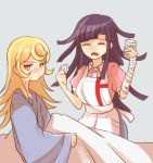  2girls bandages blonde_hair closed_eyes dangan_ronpa hair_down long_hair mole multiple_girls pill purple_hair saionji_hiyoko seiya_(se12ze) super_dangan_ronpa_2 sweatdrop tearing_up tsumiki_mikan under_covers yellow_eyes 