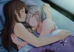  2girls bare_shoulders bed blanket brown_hair character_request closed_eyes collarbone dacchi eyebrows eyebrows_visible_through_hair highres hug idolmaster idolmaster_cinderella_girls long_hair multiple_girls pillow short_hair silver_hair sleeping sleeveless smile yuri 