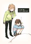  :d androgynous arm_at_side bangs black_boots black_hair black_pants blue_shorts blush_stickers boots brown_boots brown_hair chara_(undertale) comic english frisk_(undertale) hand_on_hip leaf long_sleeves looking_at_another mii_(chibinomi) open_mouth pants red_eyes shirt shorts smile snow spoilers standing stick striped striped_shirt sweater undertale 