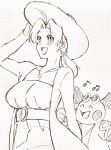  1girl collarbone dress greyscale hanako_(pokemon) hand_on_headwear hat jewelry long_hair long_sleeves looking_to_the_side monochrome mr._mime necklace open_eyes open_mouth pokemon pokemon_(anime) sun_hat 